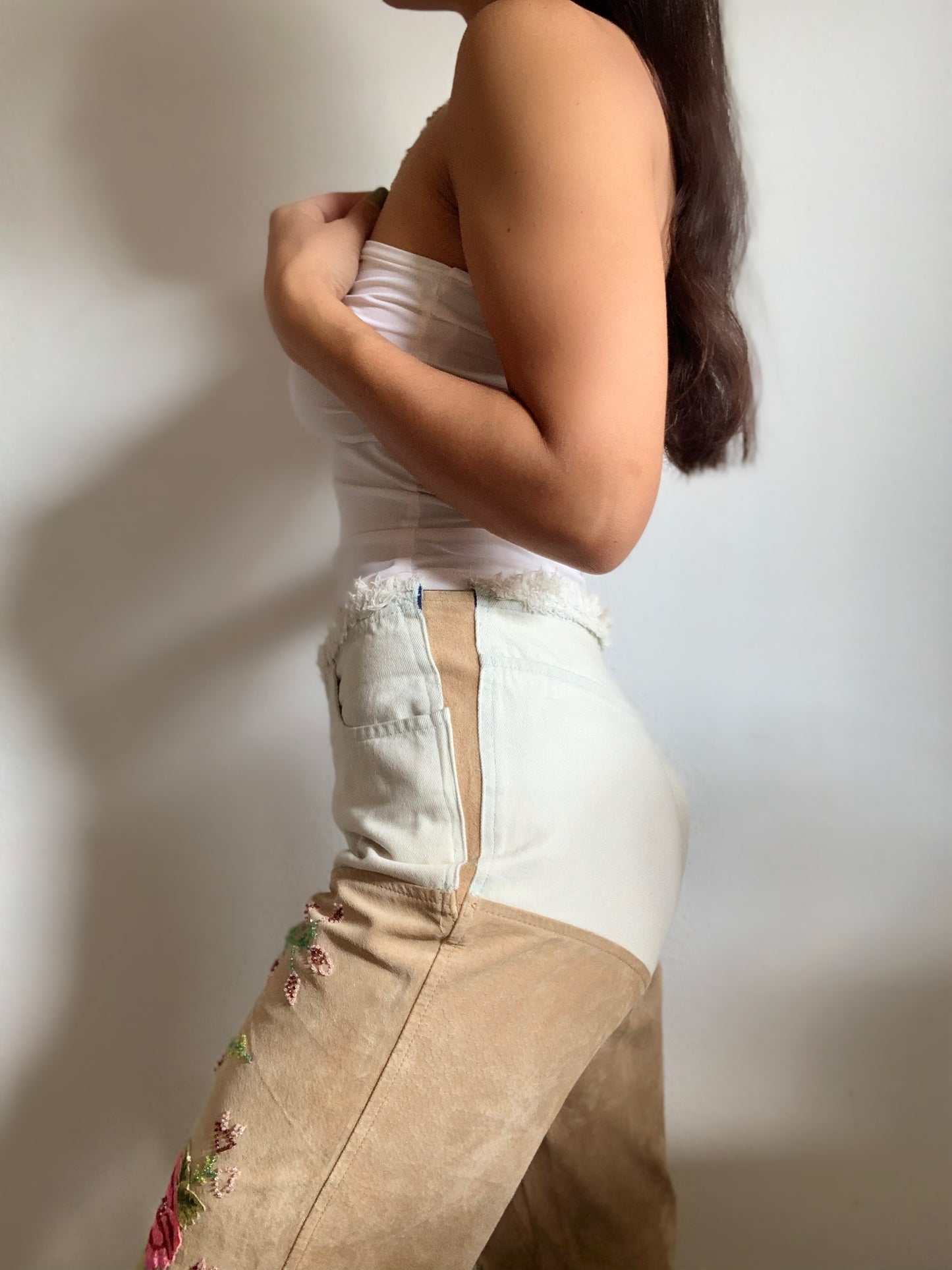 Vintage denim & suede embroidered cowgirl pants - L