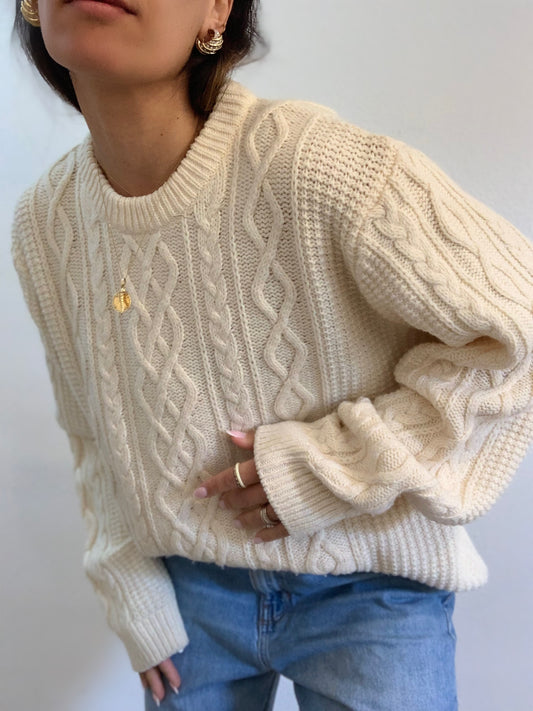 Pull oversize en maille torsadée crème mélangée en laine - XXL