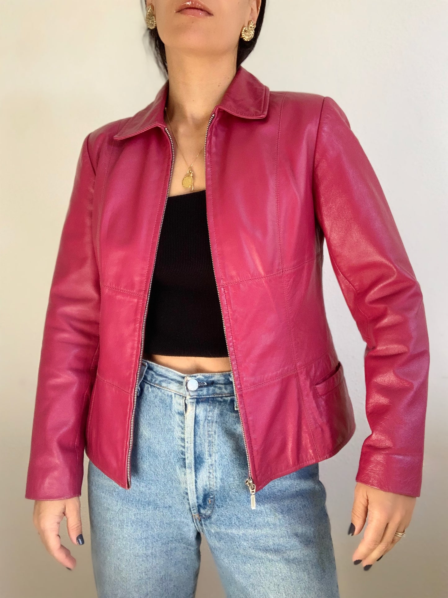 Dark pink leather jacket - M