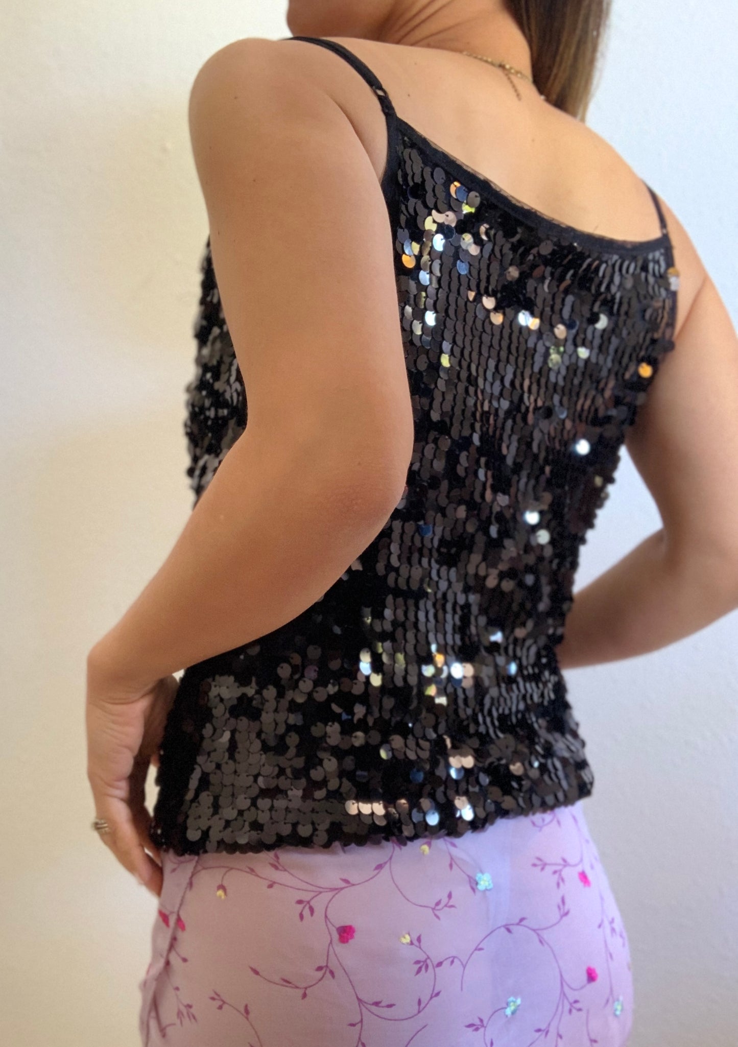 Top de soirée à paillettes noires Y2K