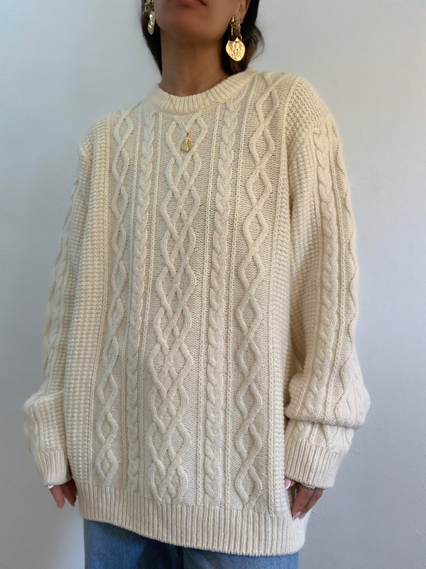 Pull oversize en maille torsadée crème mélangée en laine - XXL