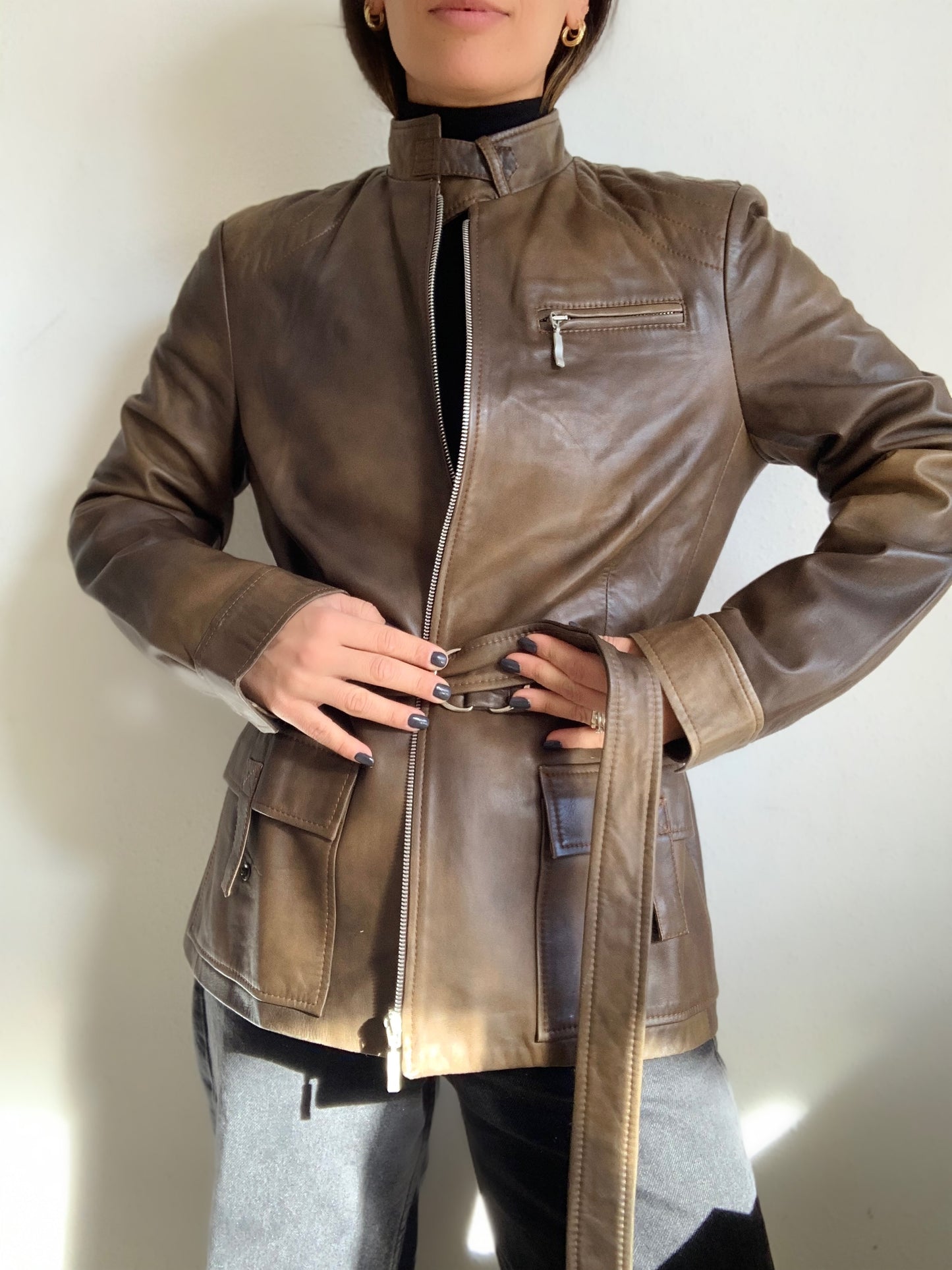 Veste en cuir marron saharienne - L