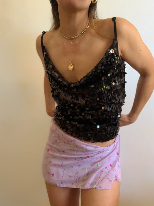Top de soirée à paillettes noires Y2K