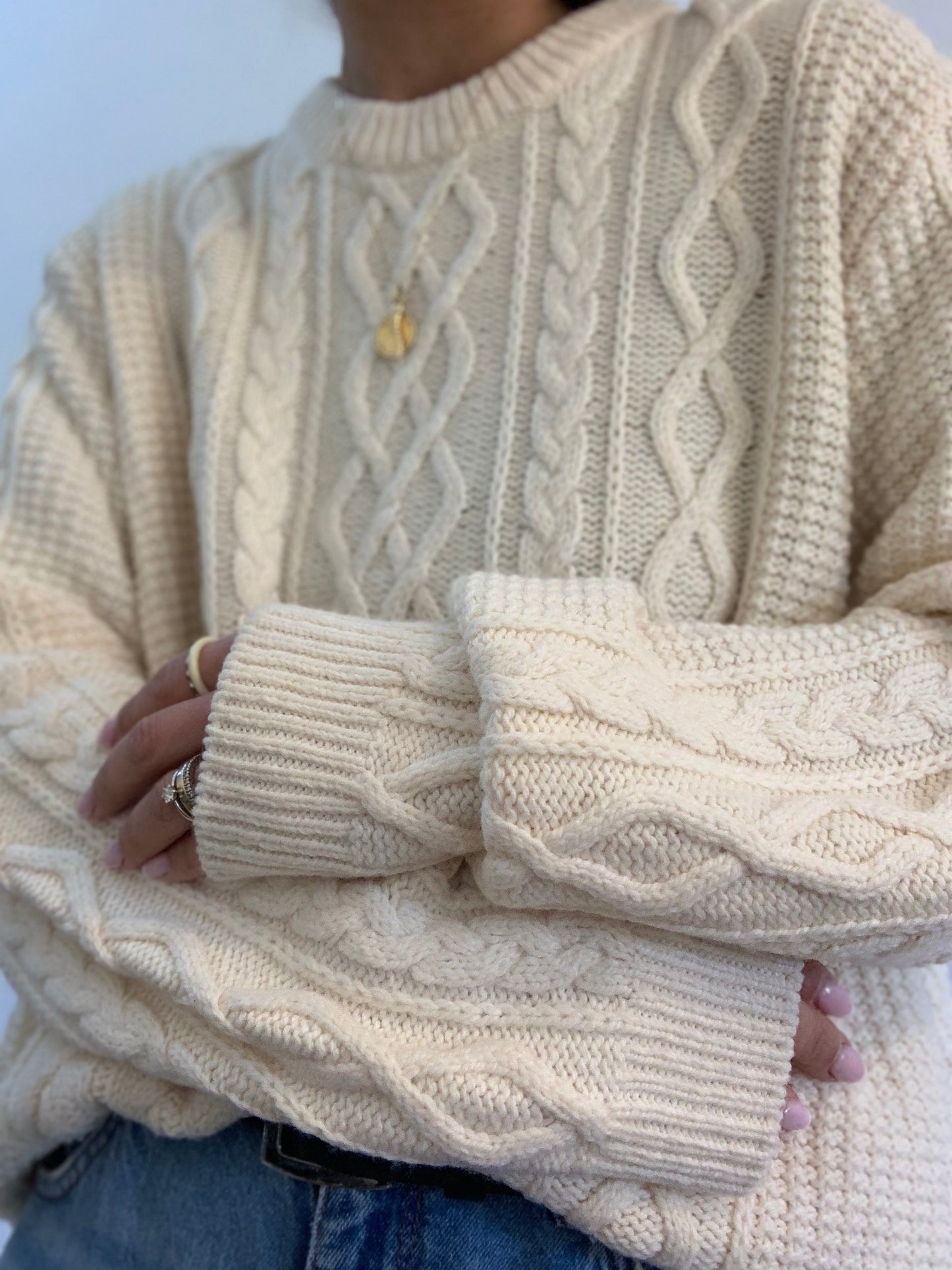 Pull oversize en maille torsadée crème mélangée en laine - XXL