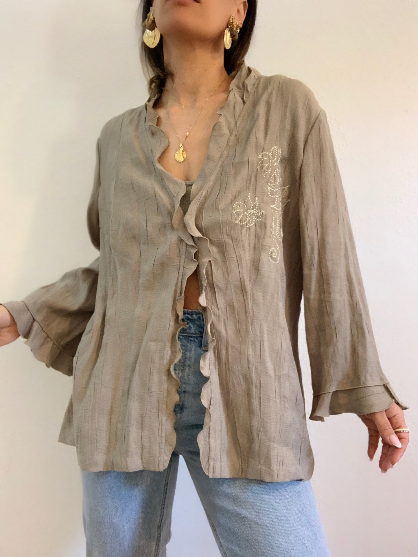 Chemise brodée à manches volantées en bambou kaki - 4XL