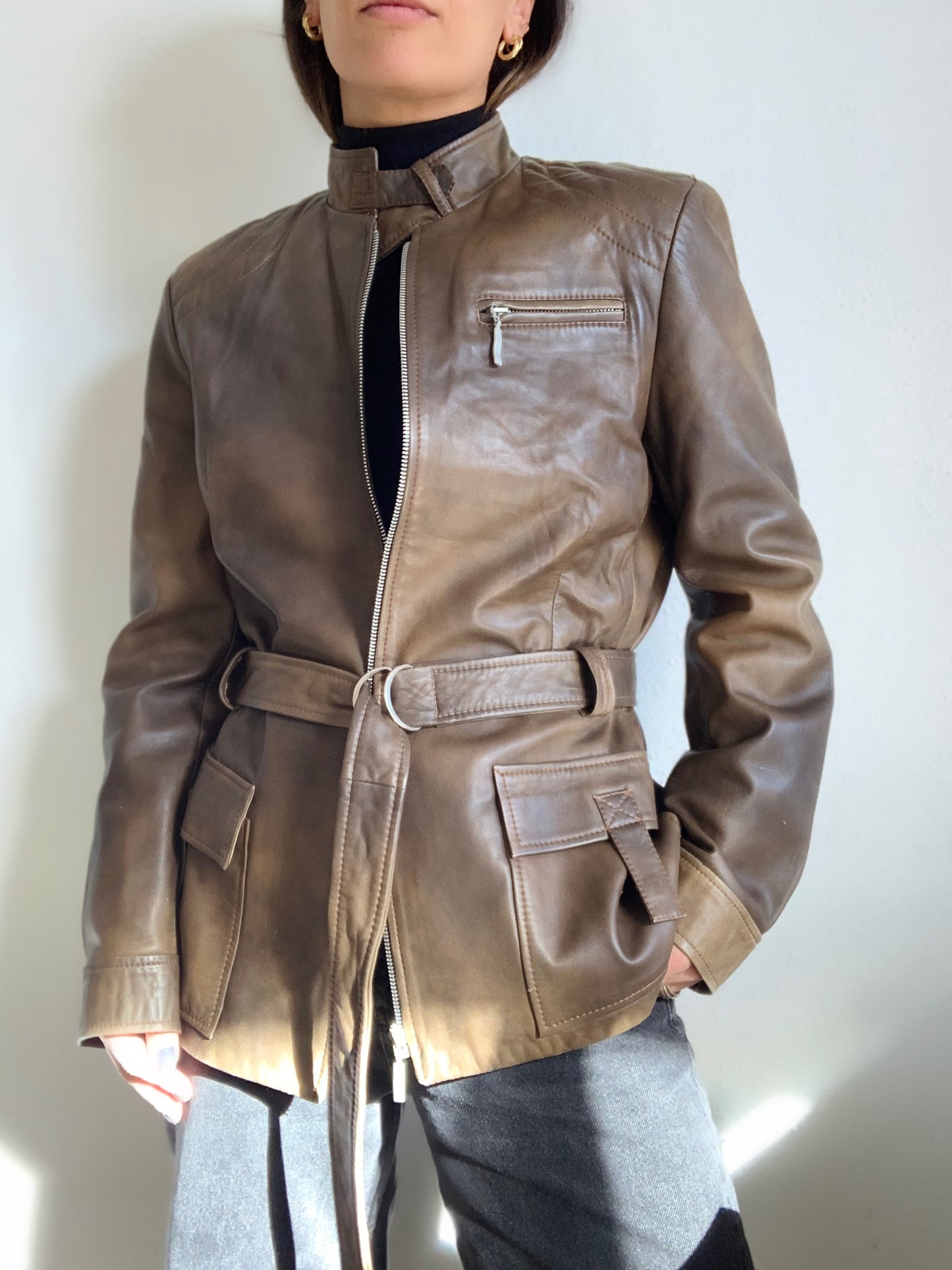 Veste en cuir marron saharienne - L