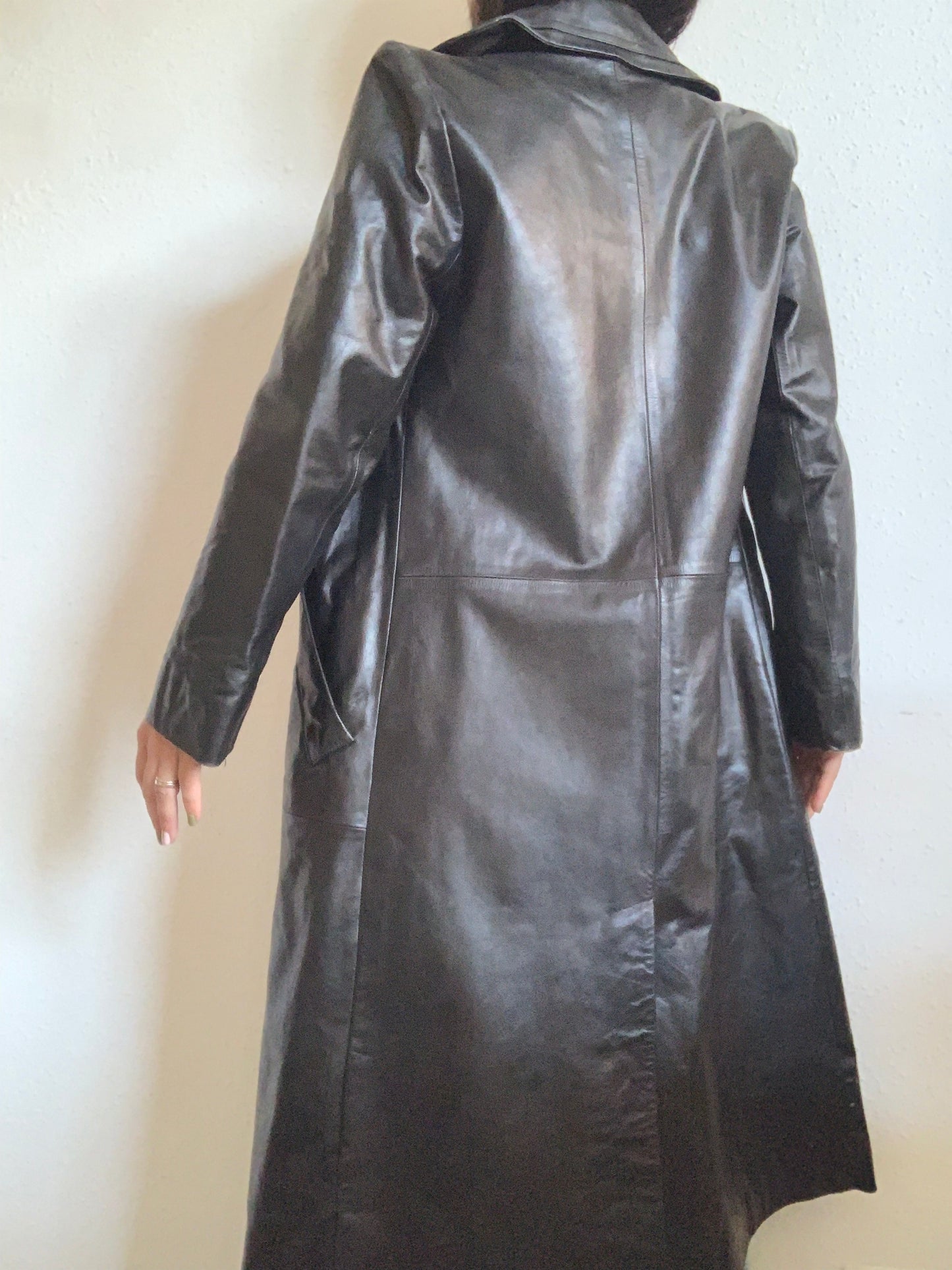 Veste longue vintage en cuir noir - M