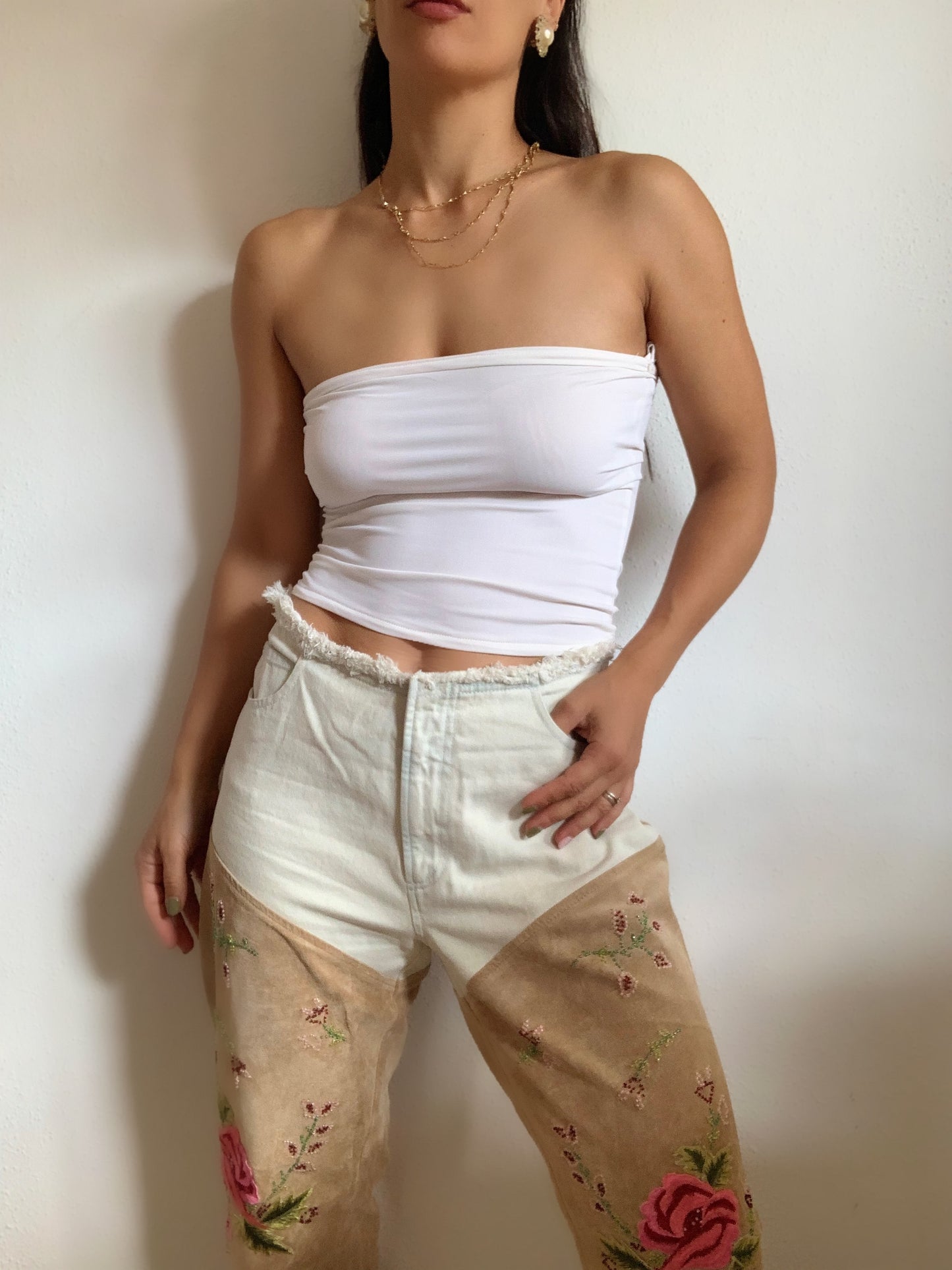 Vintage denim & suede embroidered cowgirl pants - L