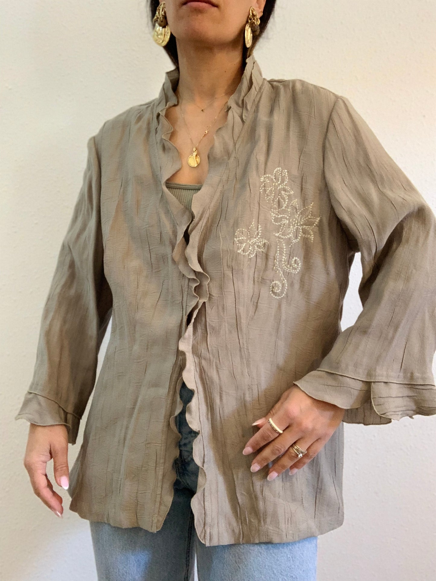 Chemise brodée à manches volantées en bambou kaki - 4XL