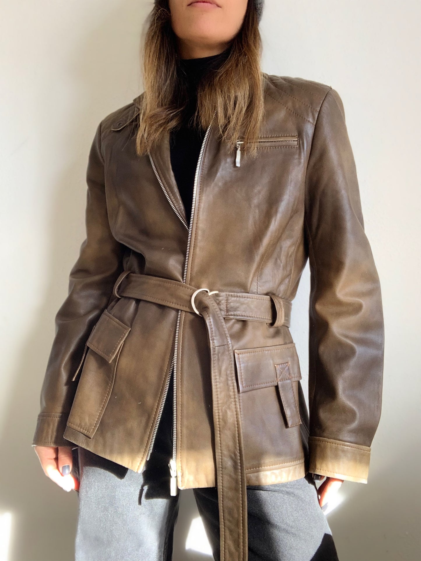 Veste en cuir marron saharienne - L