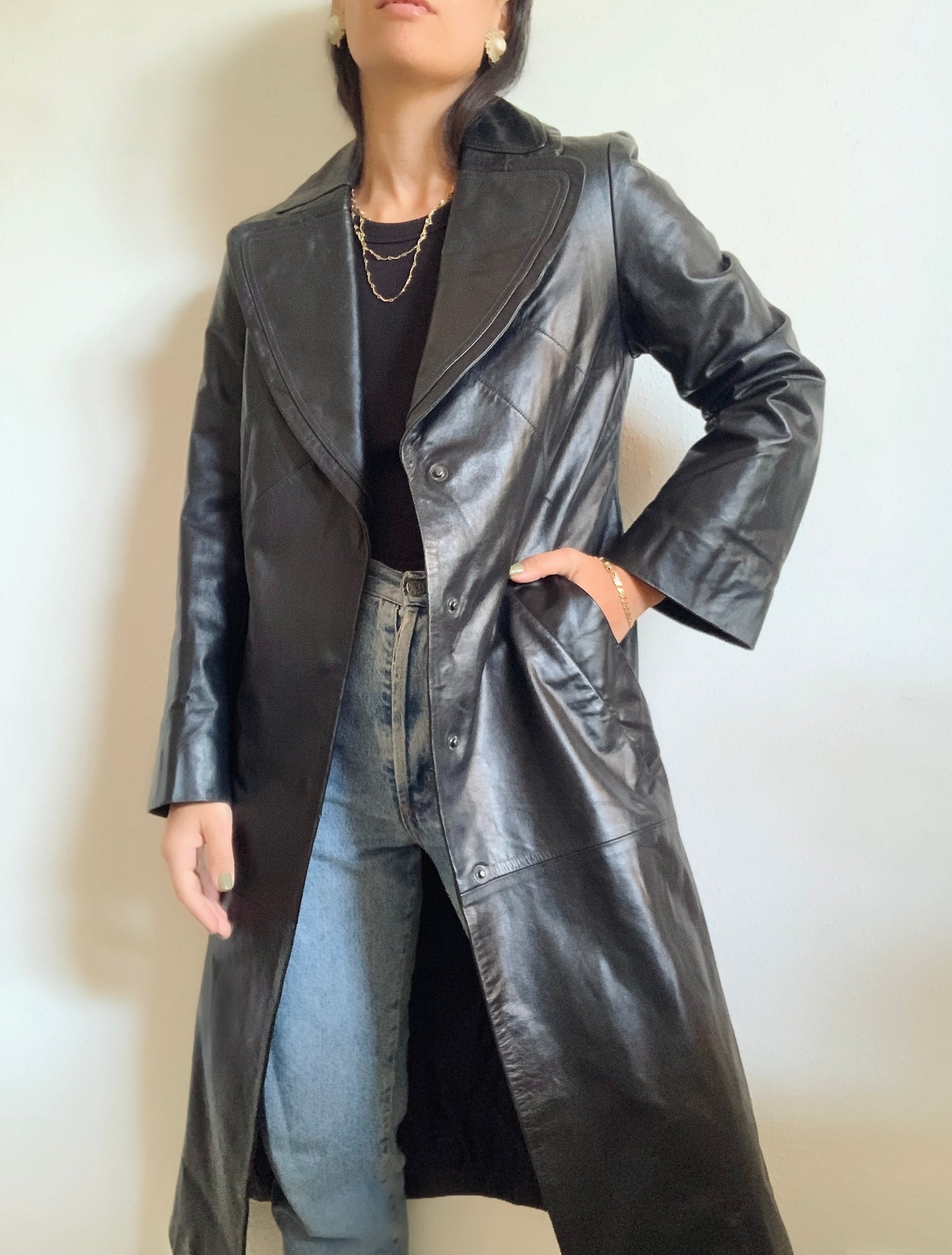 Veste longue vintage en cuir noir - M