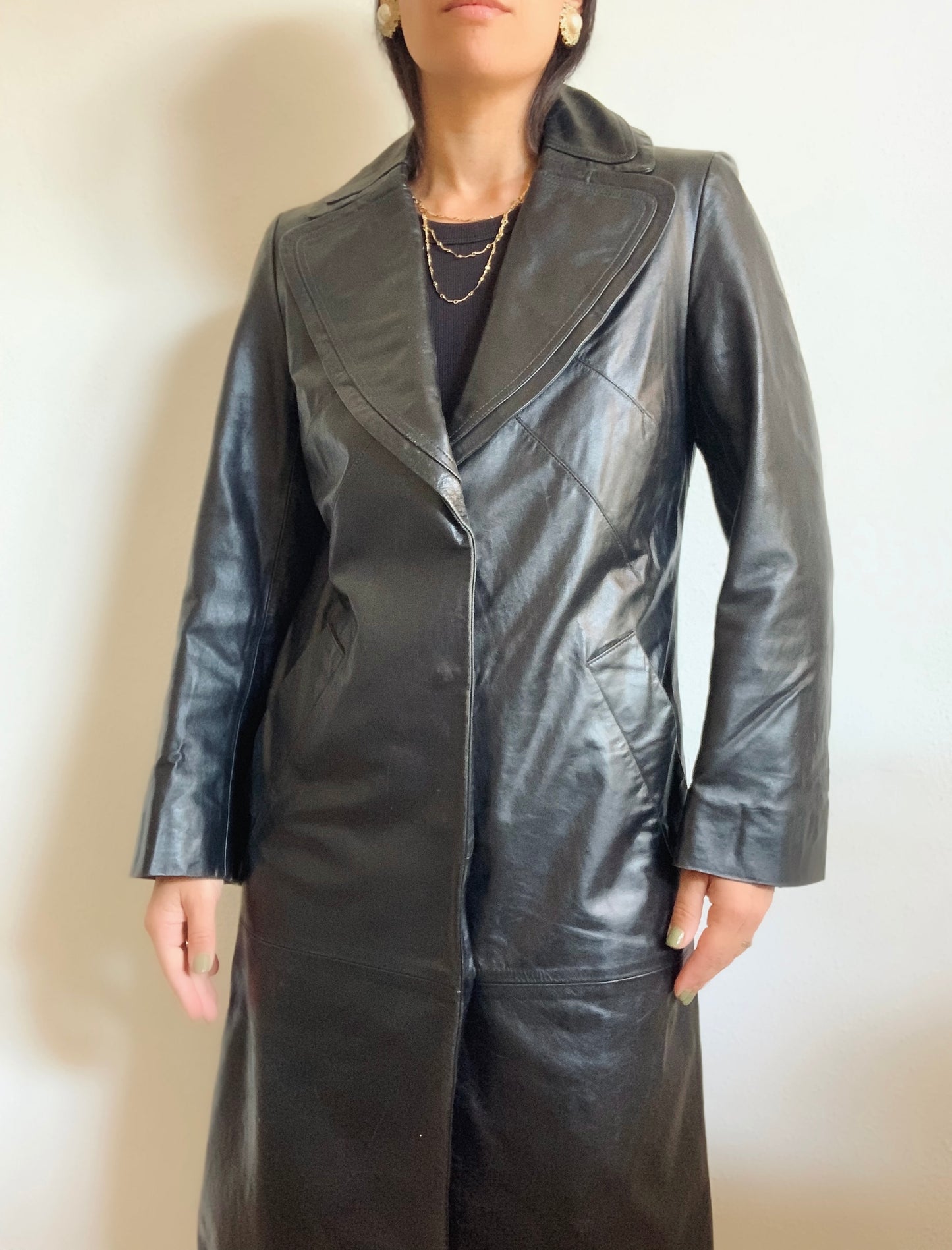 Veste longue vintage en cuir noir - M