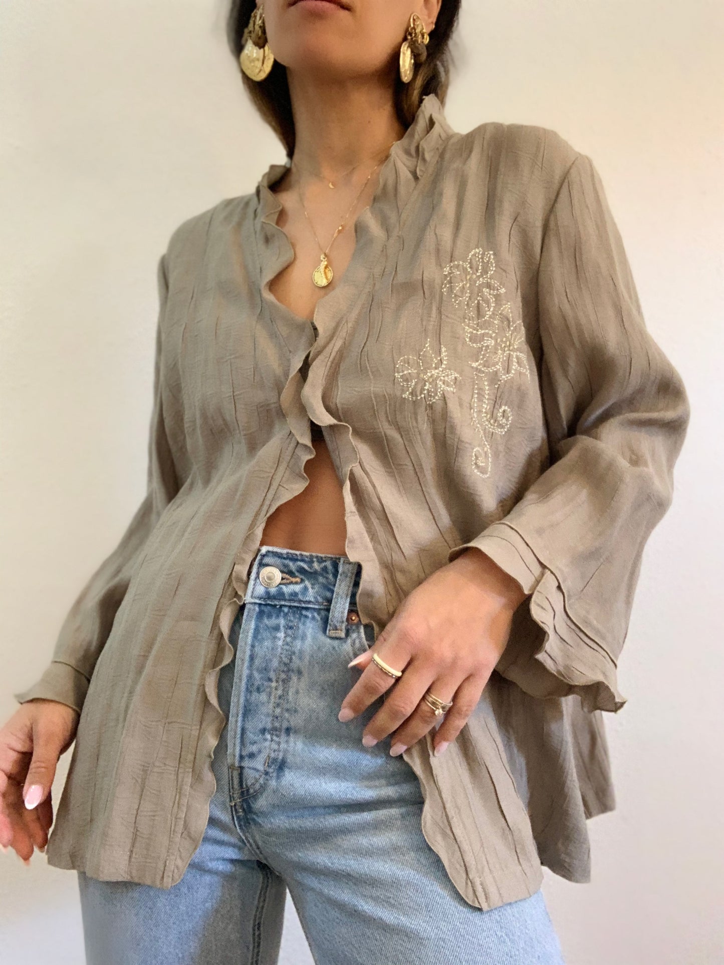 Chemise brodée à manches volantées en bambou kaki - 4XL