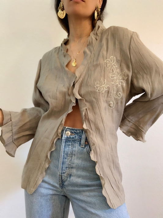 Chemise brodée à manches volantées en bambou kaki - 4XL