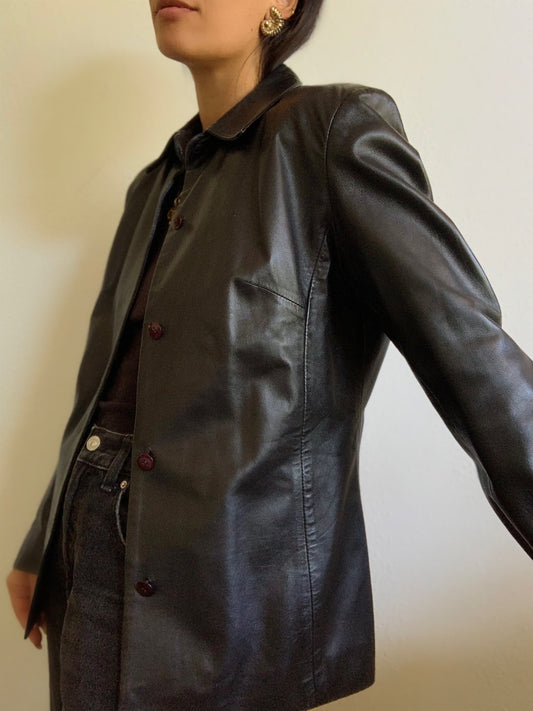 Blazer boutonné en cuir noir - L