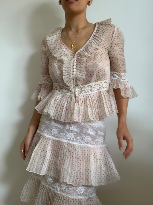 Ensemble chemisier et jupe à volants fait main - M