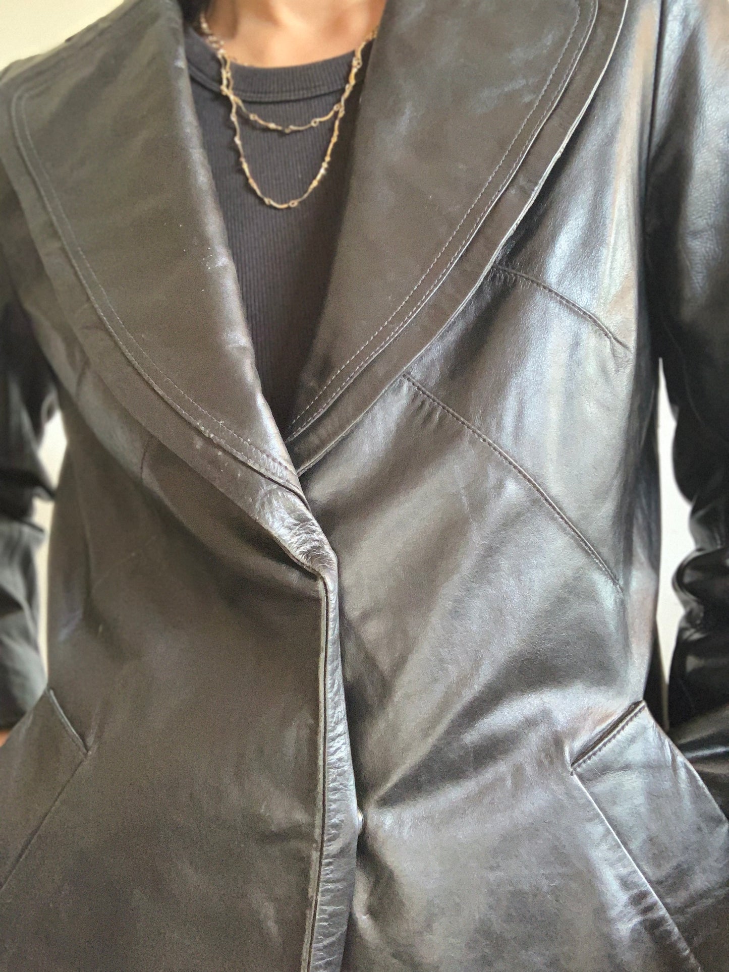 Veste longue vintage en cuir noir - M