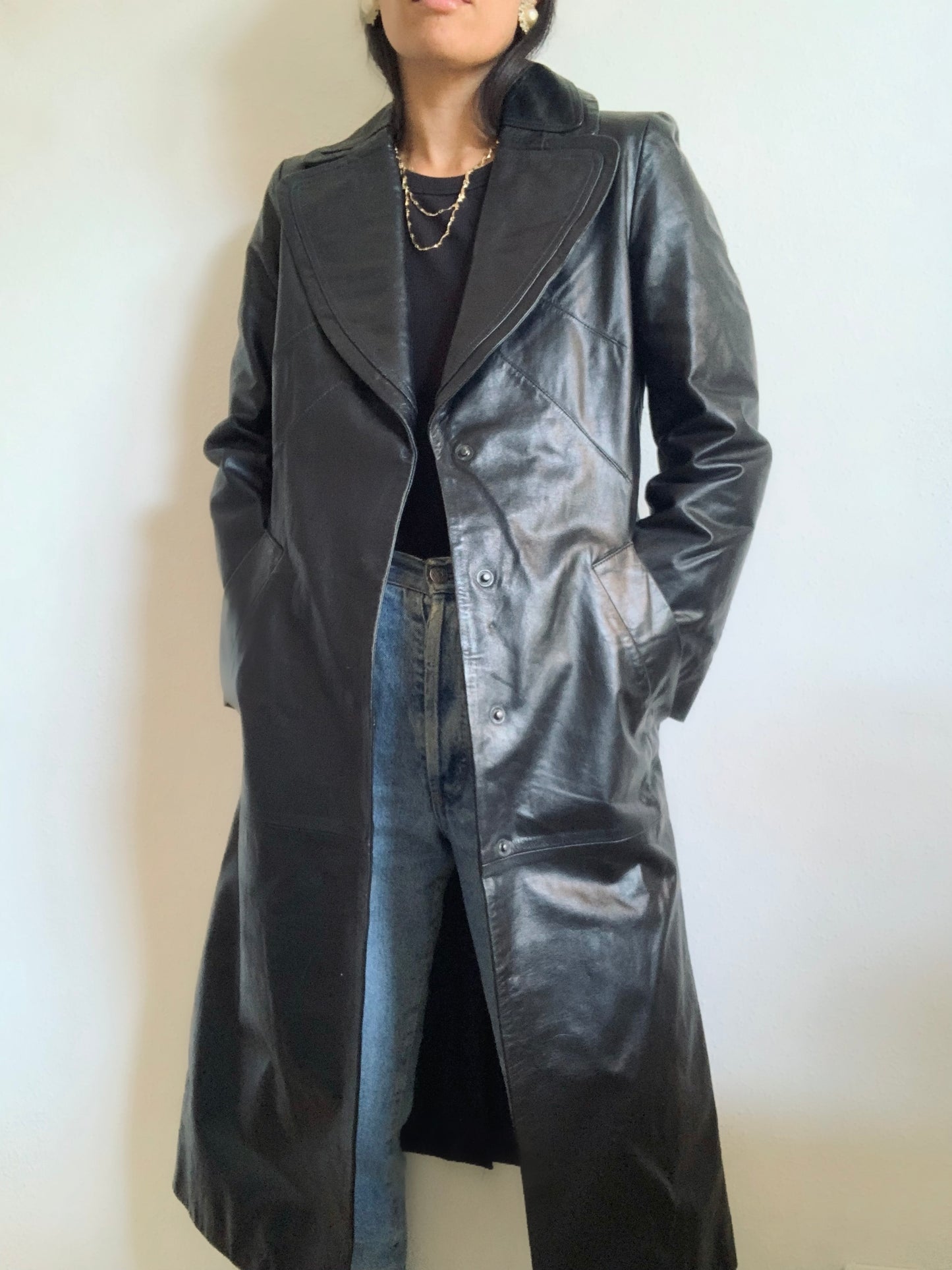 Veste longue vintage en cuir noir - M