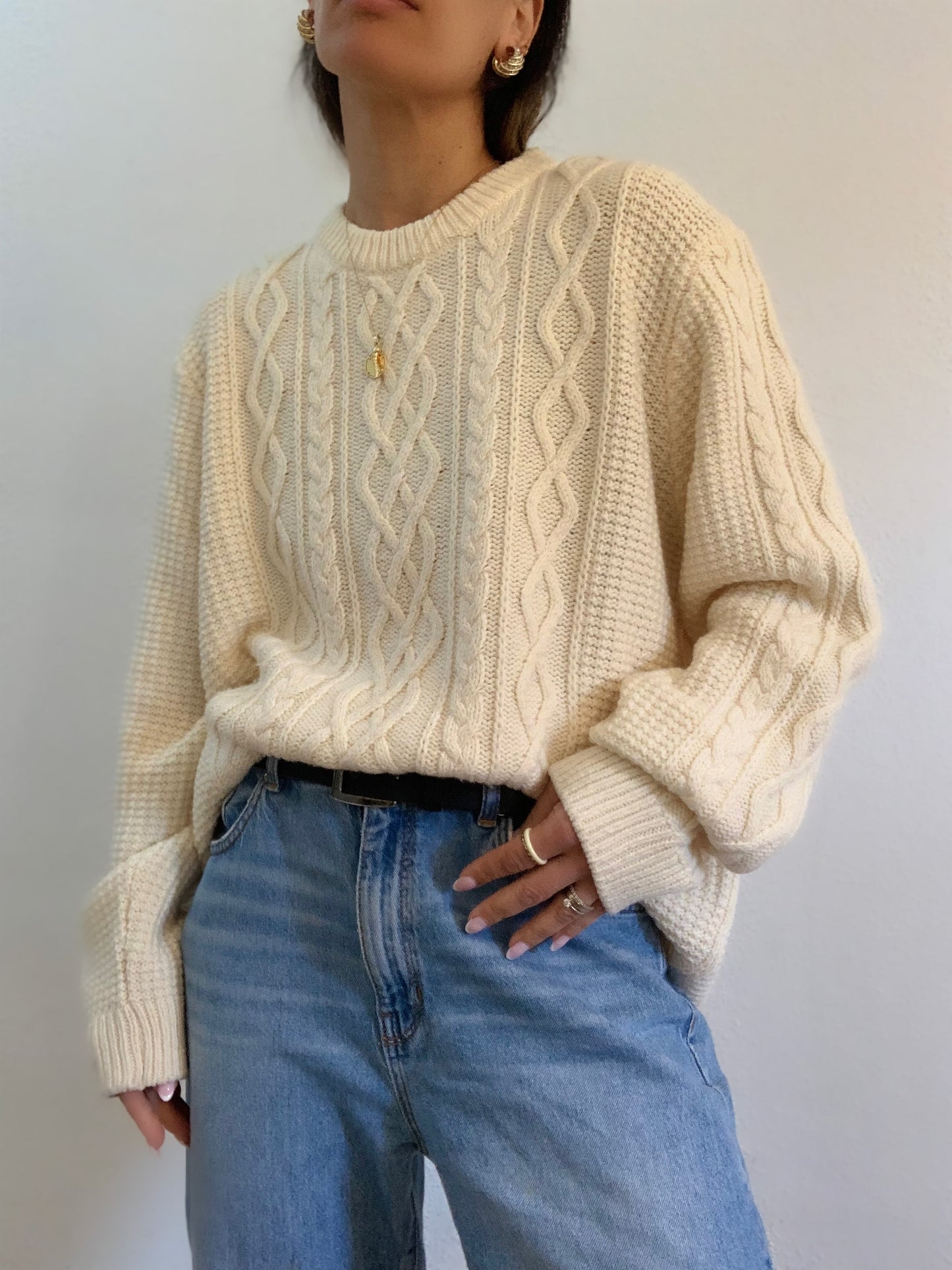Pull oversize en maille torsadée crème mélangée en laine - XXL