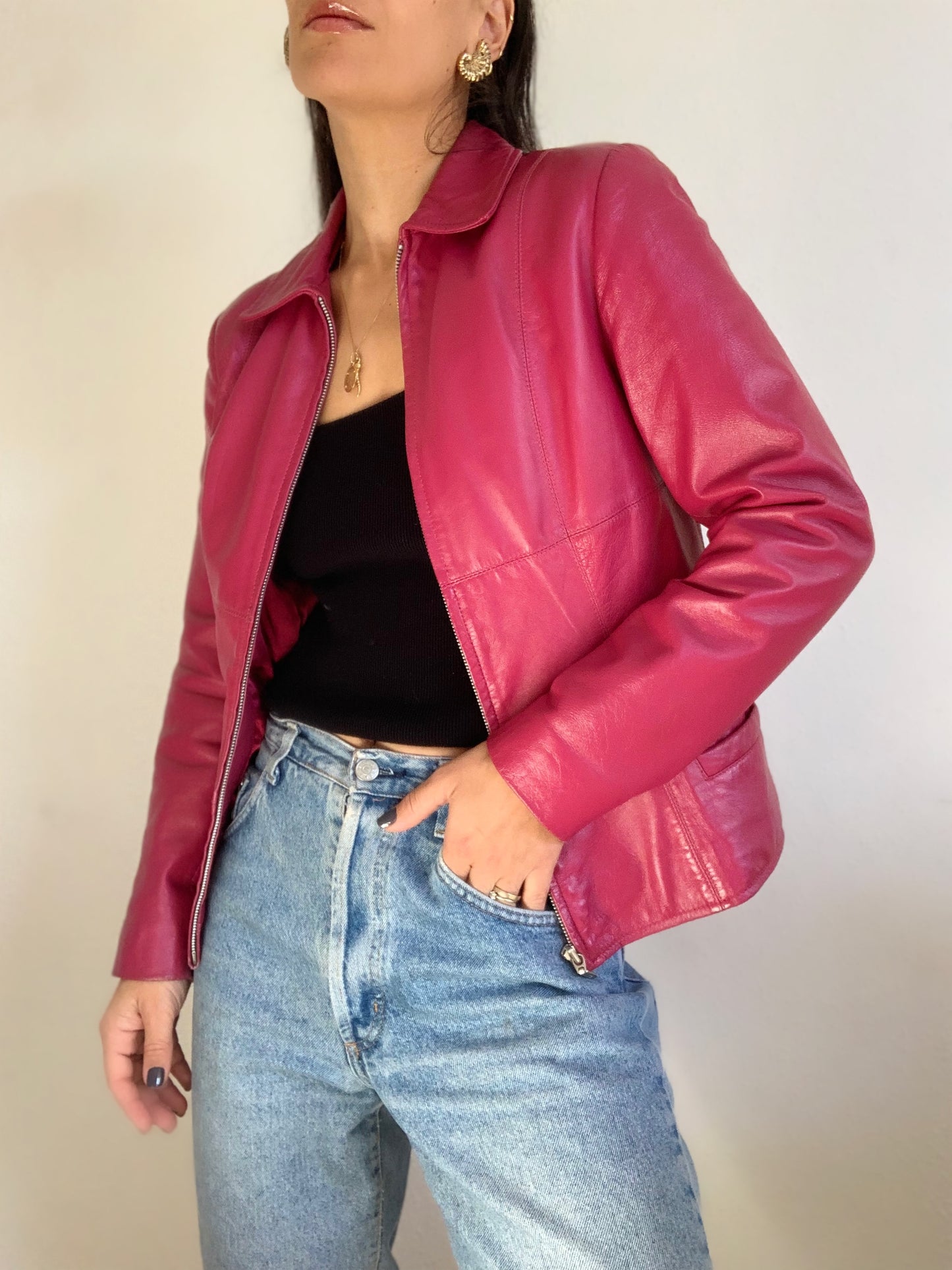 Dark pink leather jacket - M