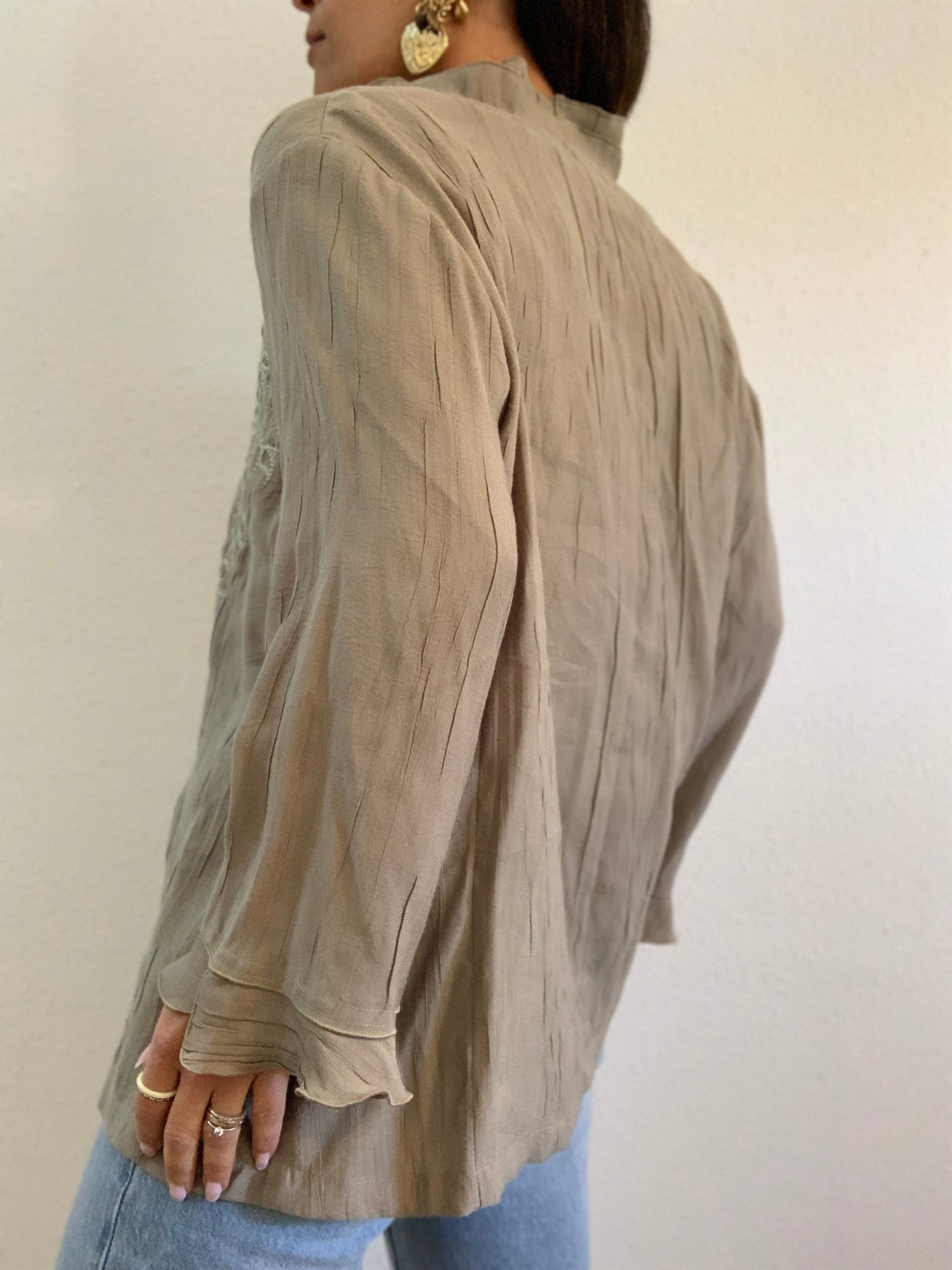 Chemise brodée à manches volantées en bambou kaki - 4XL