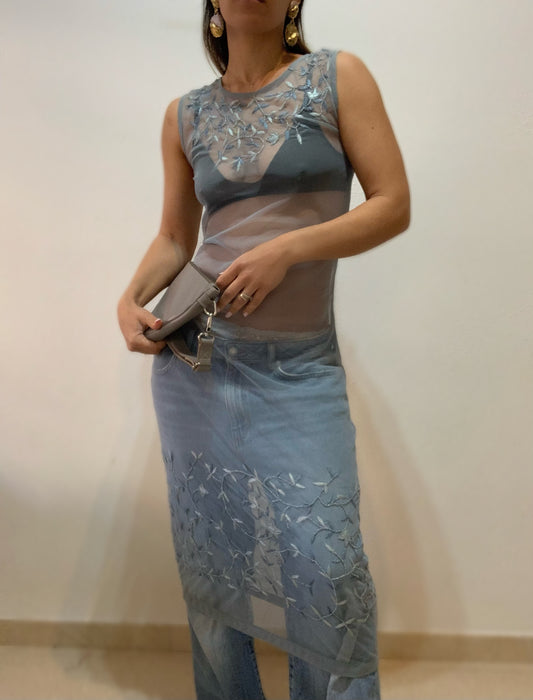 Robe brodée grise transparente - M