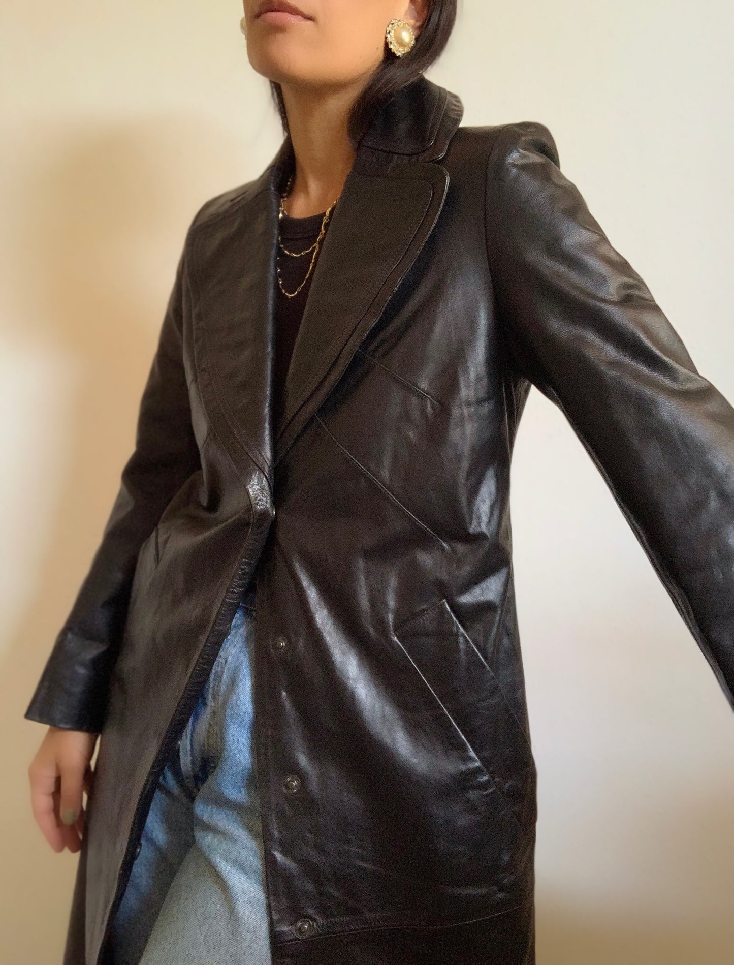 Veste longue vintage en cuir noir - M