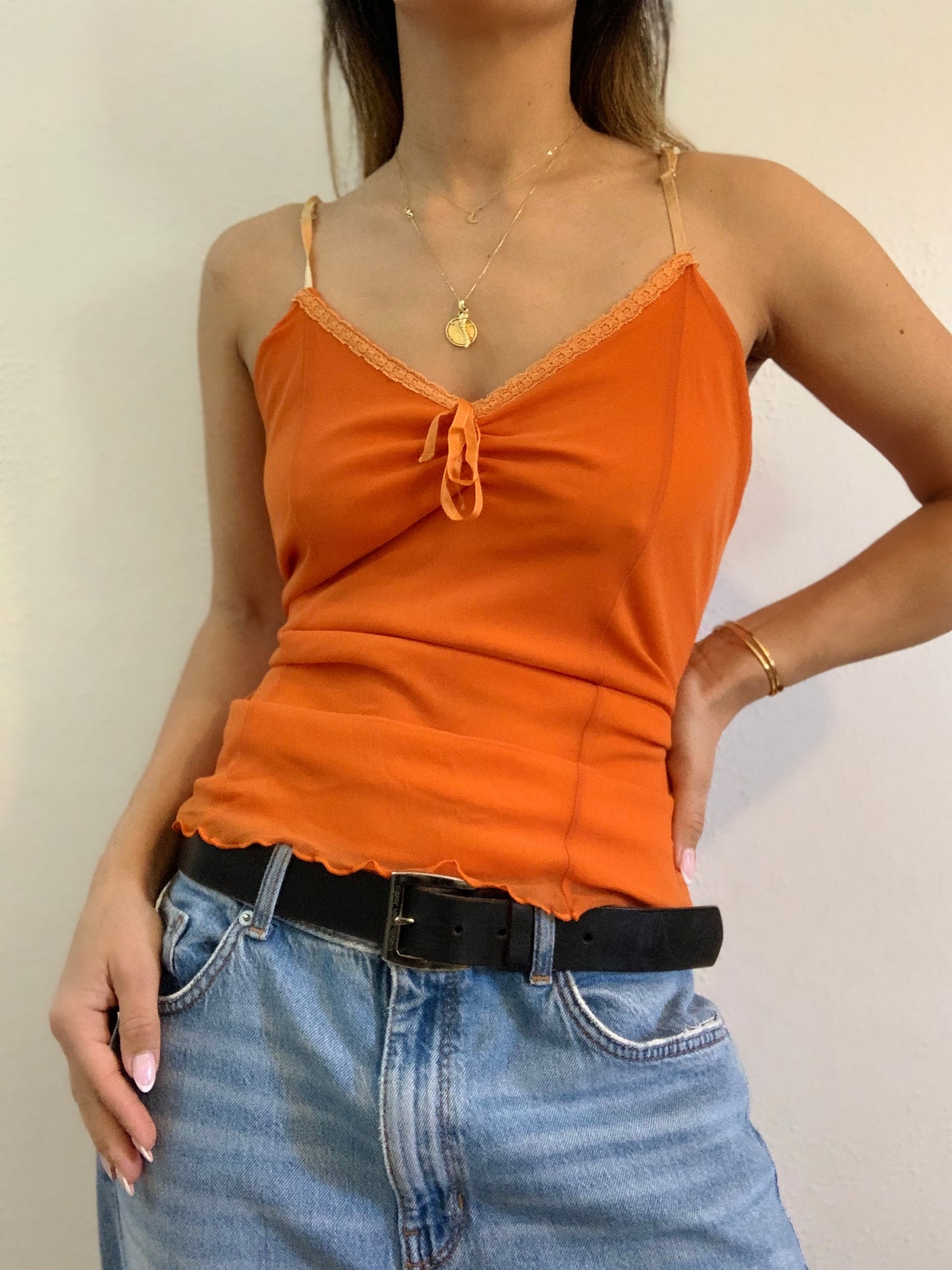 Haut à bretelles en maille orange vintage Y2K - L