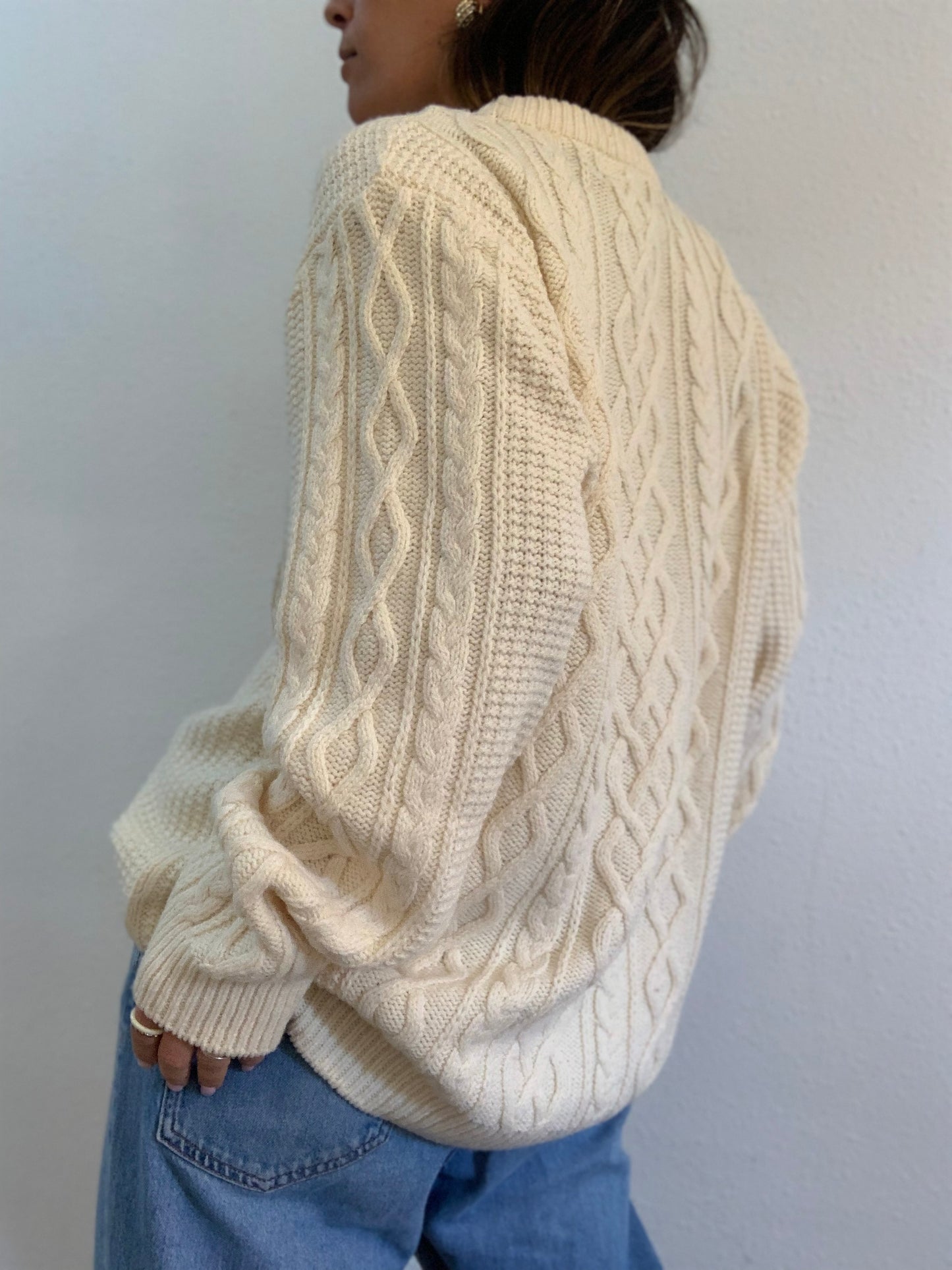 Pull oversize en maille torsadée crème mélangée en laine - XXL