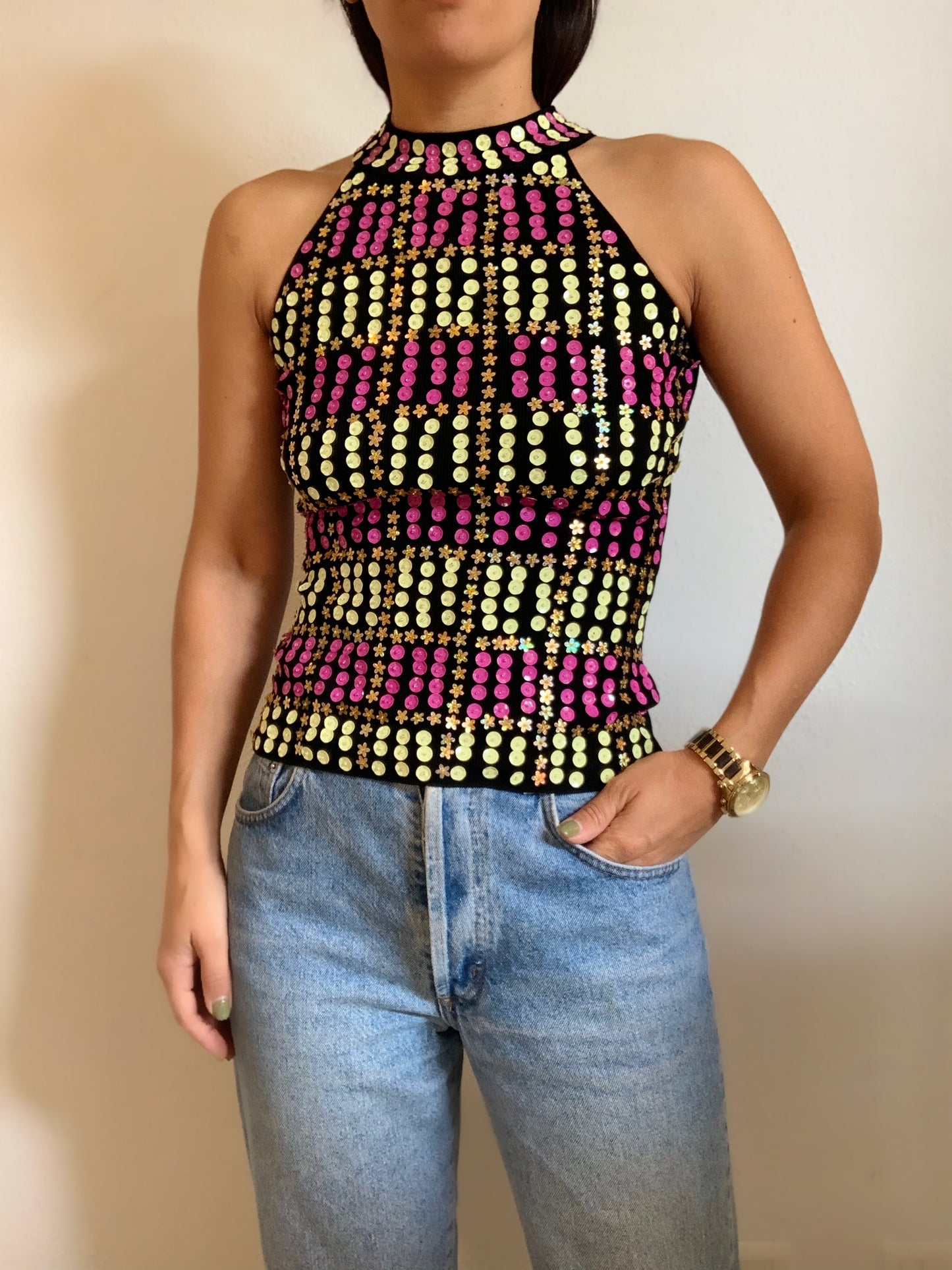 Top halter vintage noir à sequins