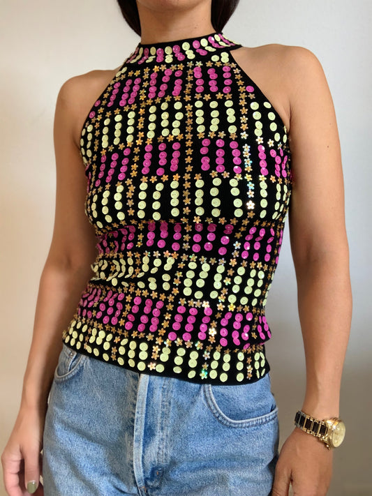 Top halter vintage noir à sequins