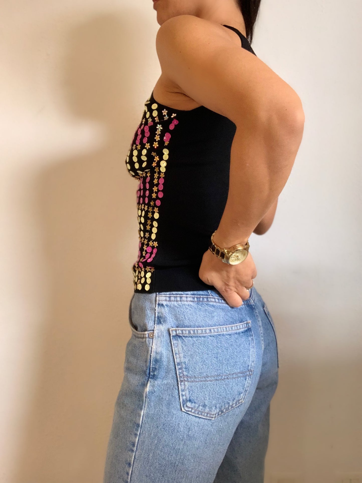 Top halter vintage noir à sequins