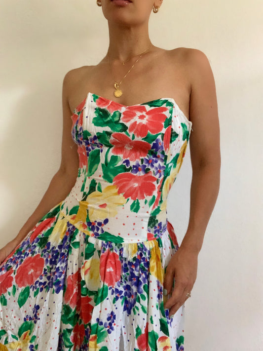 Floral knee-lenght corset summer dress - S